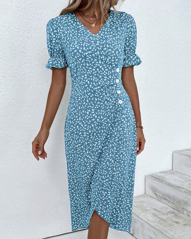 Eleanor – Ditsy Floral Wrap V Neck Midi Dress