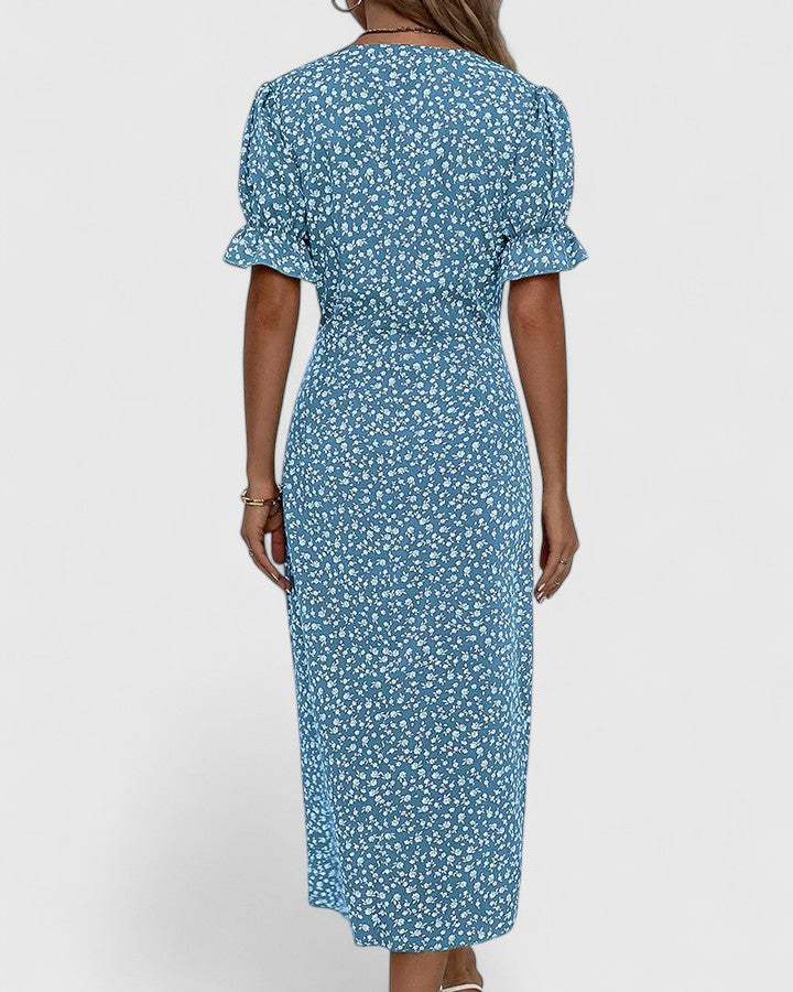 Della – Floral Ruffle Wrap Summer Midi Dress