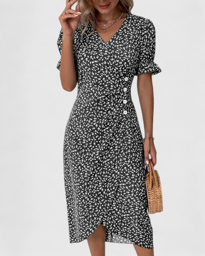 Della – Floral Ruffle Wrap Summer Midi Dress