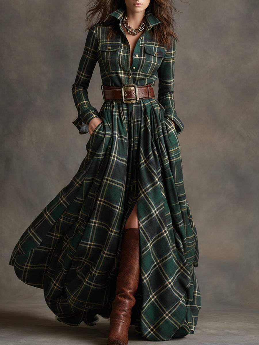 Hazel – Plaid Long Sleeve Maxi Shirt Dress