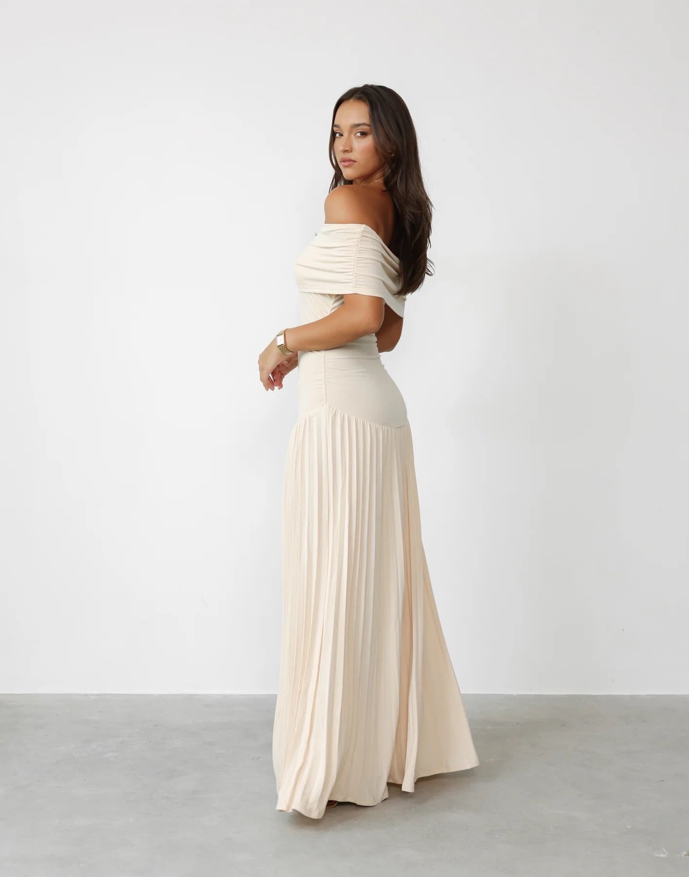 Amara – Off Shoulder Pleated Evening Maxi Dress