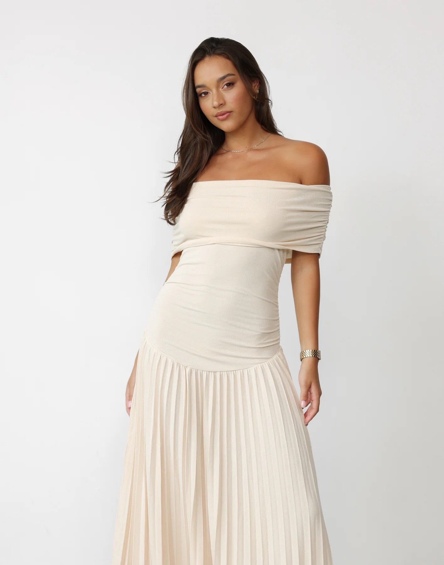 Amara – Off Shoulder Pleated Evening Maxi Dress