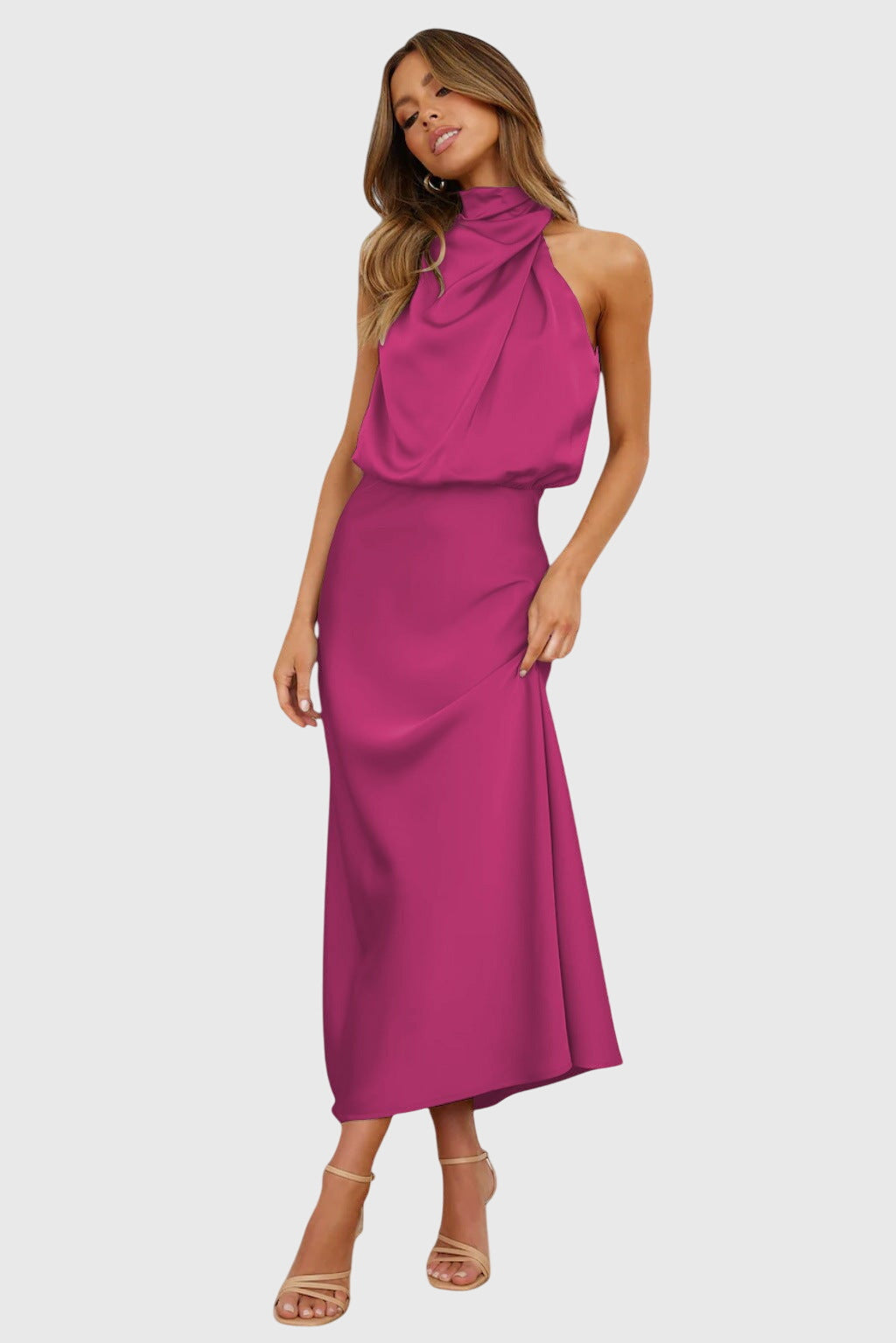 Abigail – Satin Halter Neck Cocktail Midi Dress