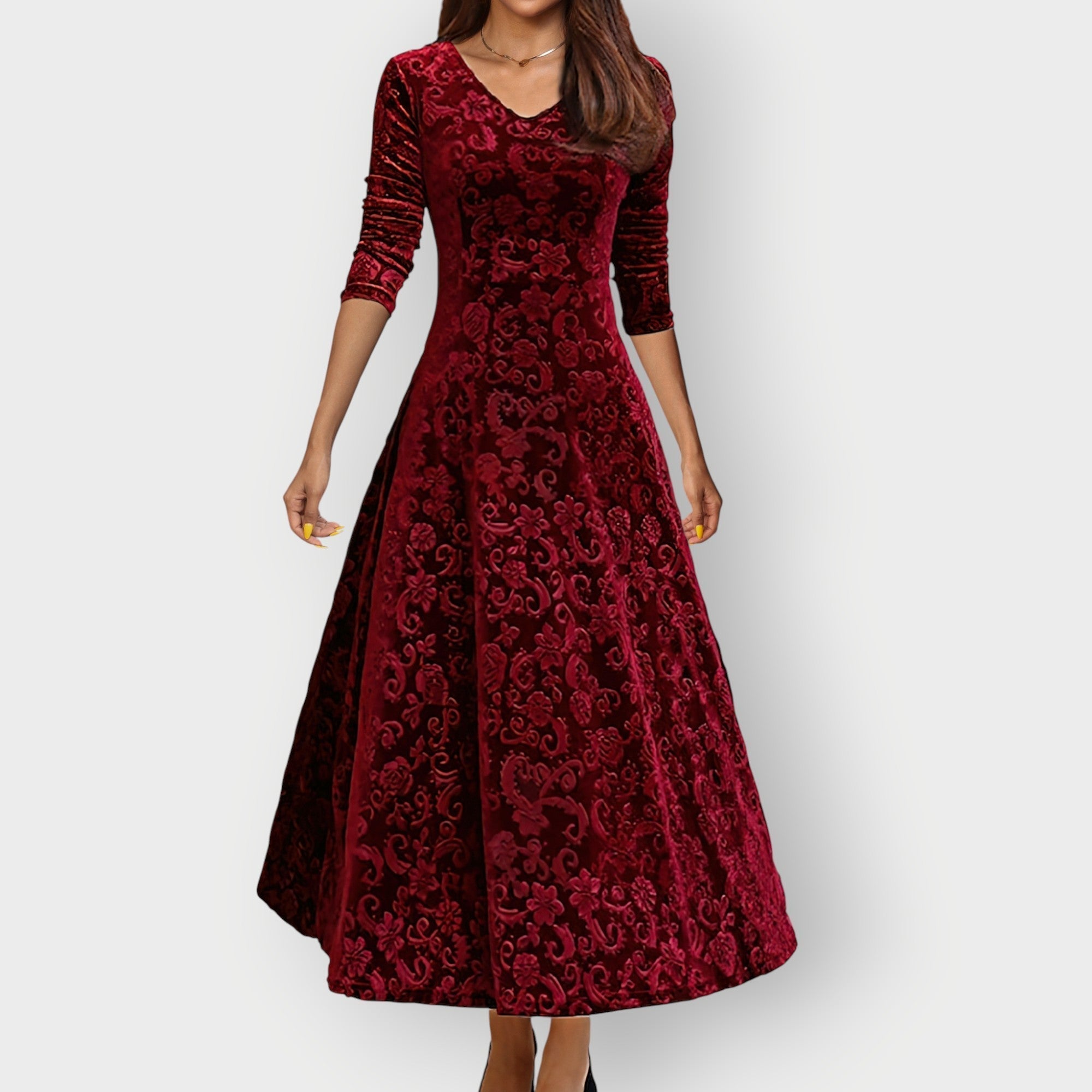 Cara – Velvet V Neck A Line Cocktail Midi Dress