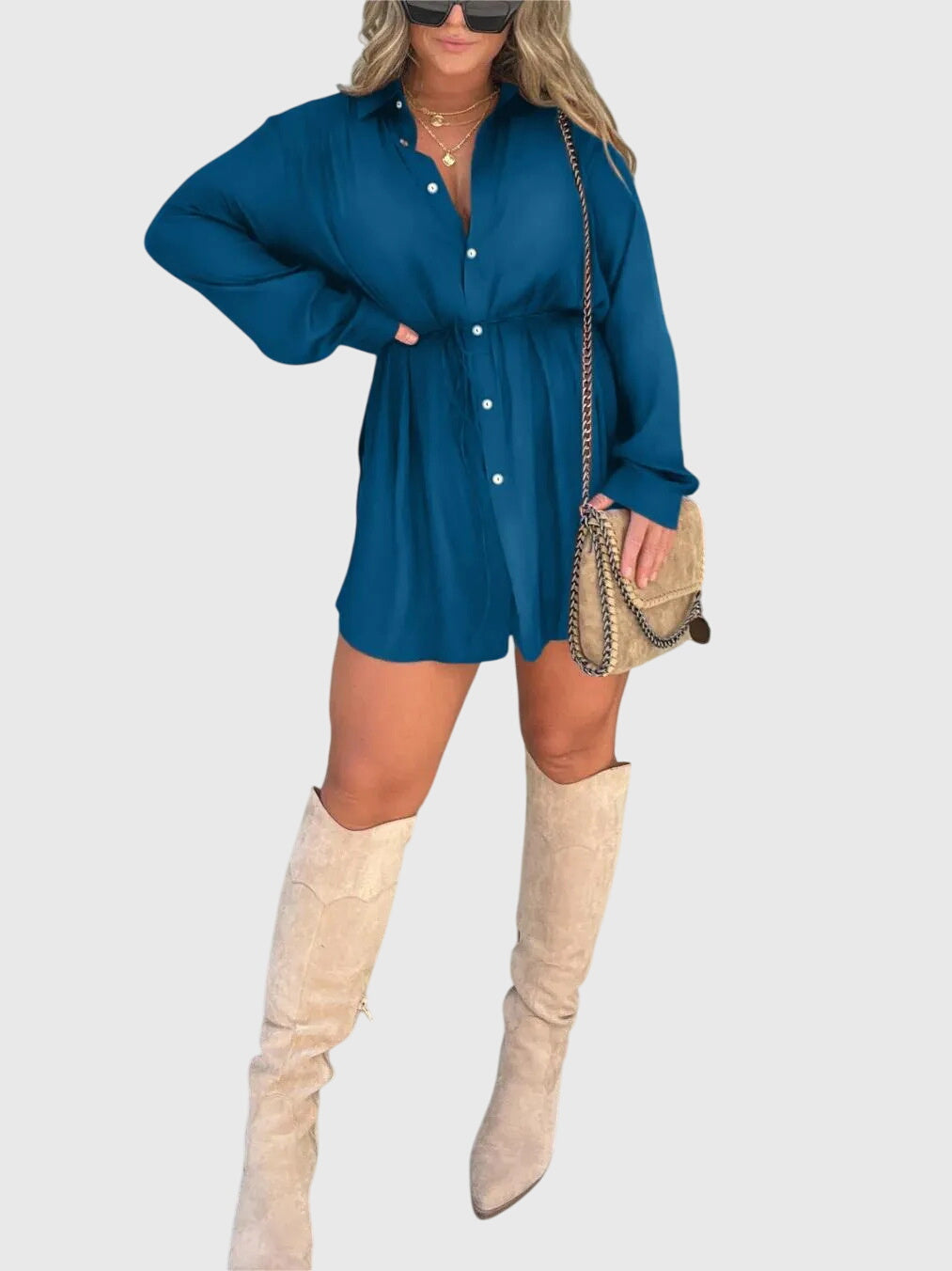 Savannah – Cinched Waist Long Sleeve Mini Shirt Dress