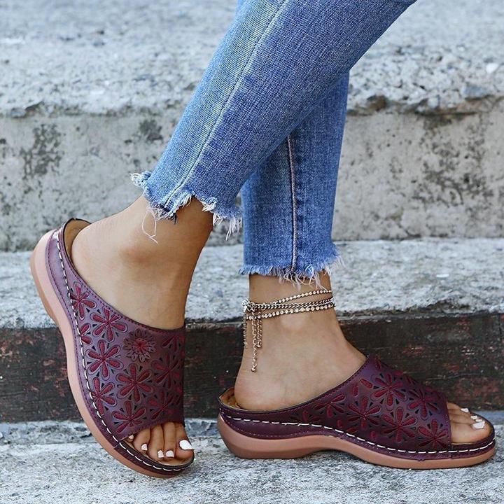 Annie – Embossed Peep Toe Wedge Slide Sandals