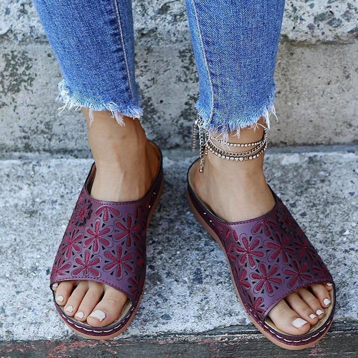 Annie – Embossed Peep Toe Wedge Slide Sandals