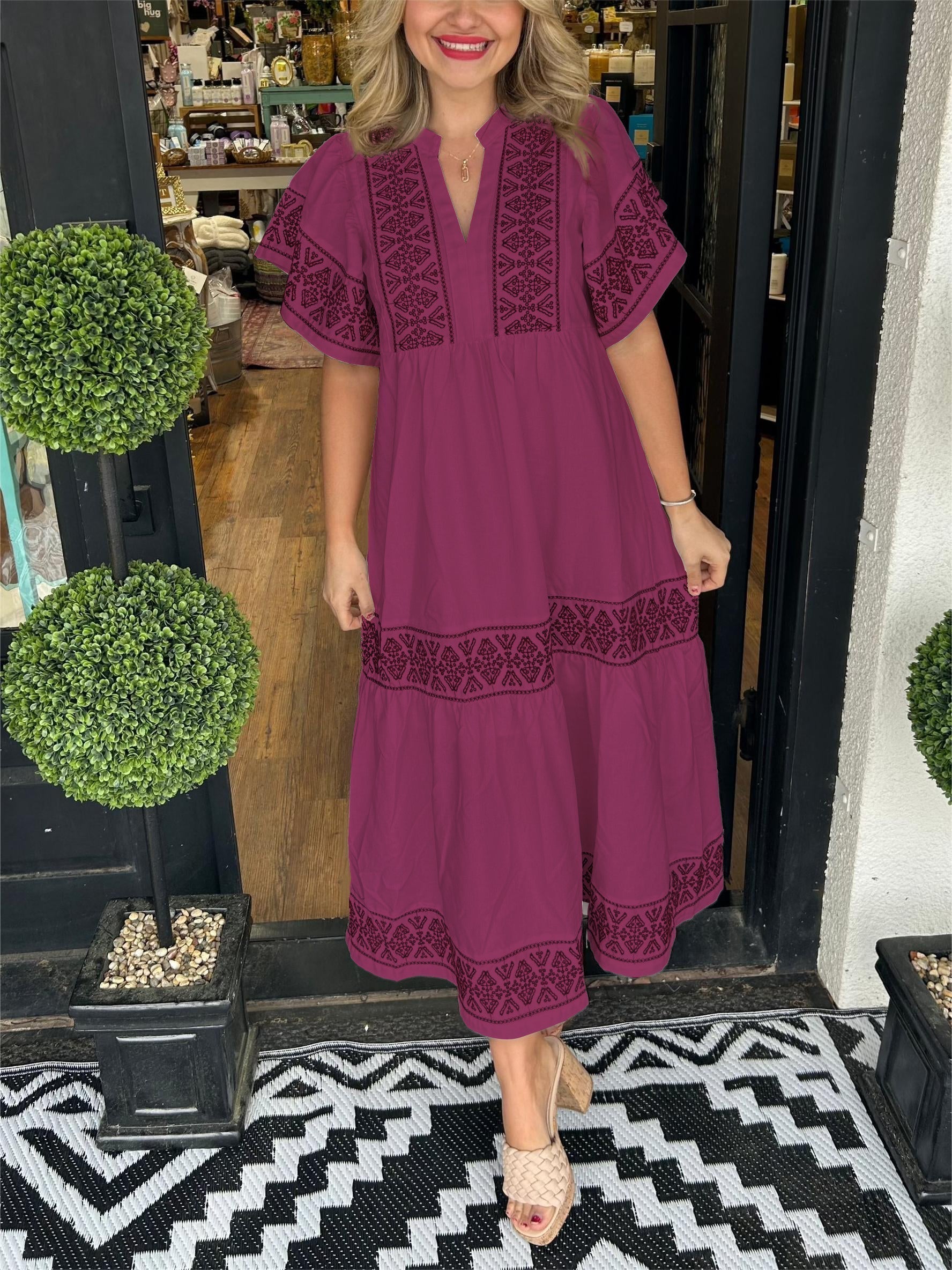 Maria – Boho Lace Trim V Neck Midi Dress