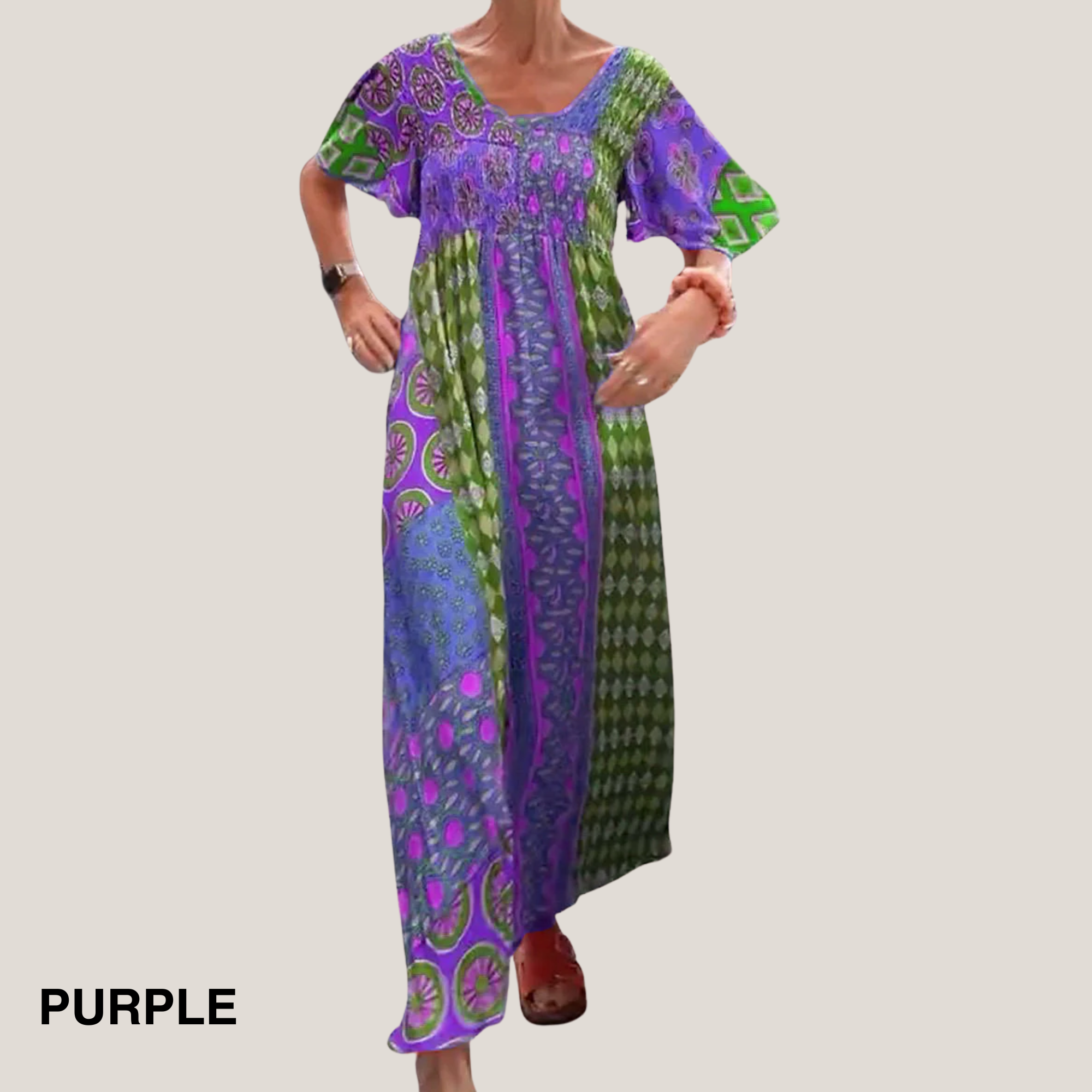 Josephine – Boho Mixed Print Short Sleeve Maxi Dress