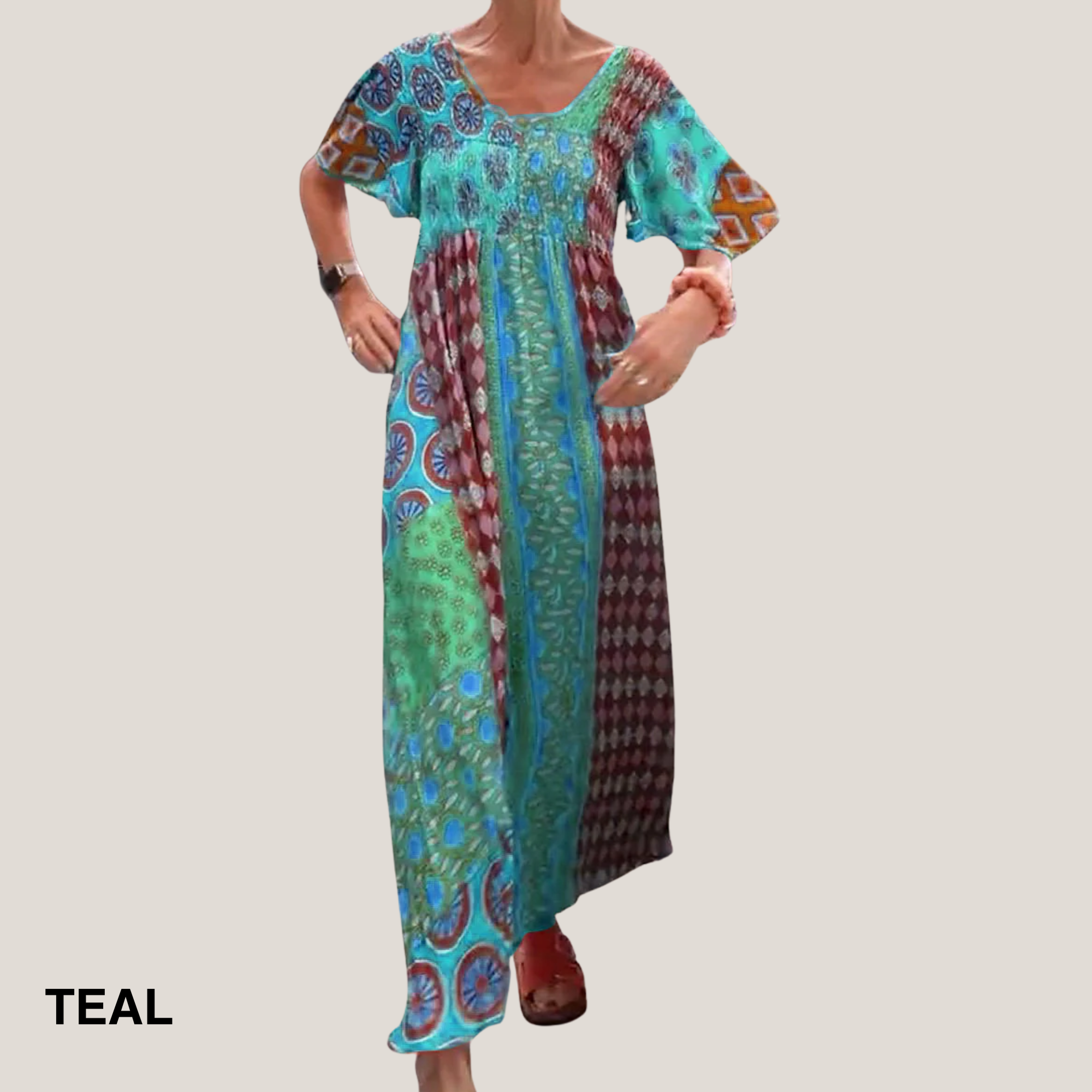 Josephine – Boho Mixed Print Short Sleeve Maxi Dress