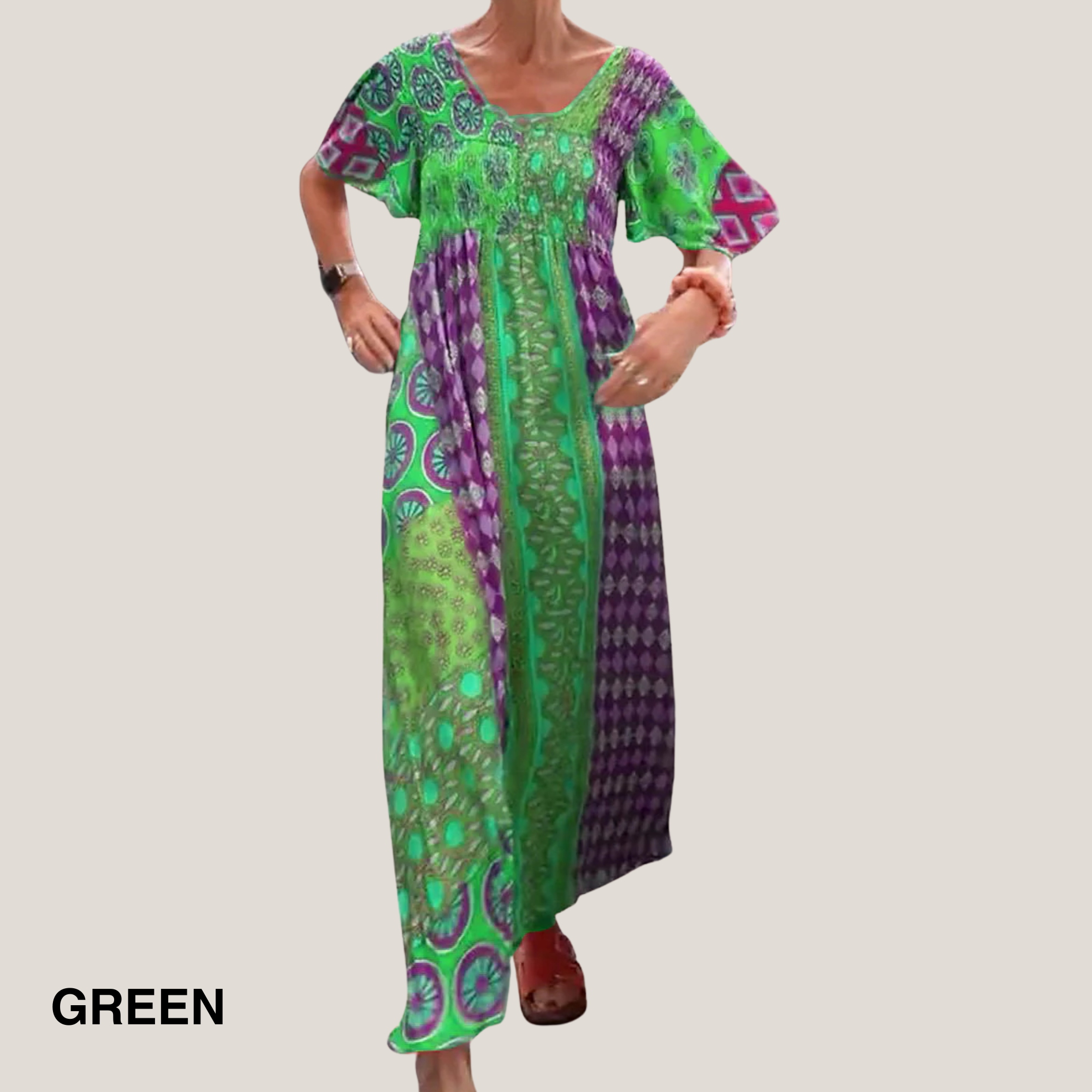 Josephine – Boho Mixed Print Short Sleeve Maxi Dress