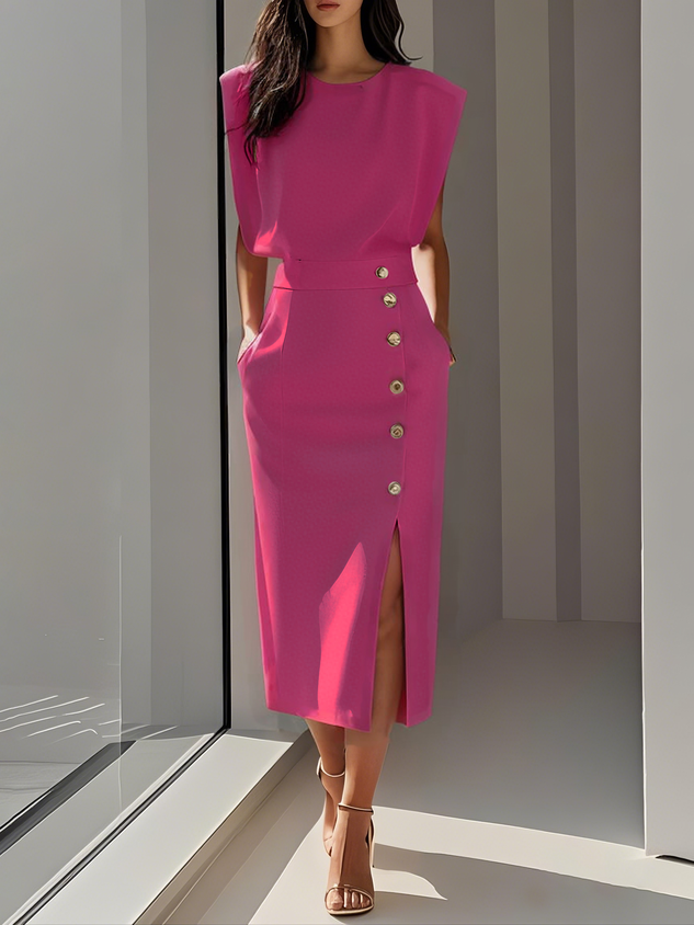 Sophie – Round Neck Bodycon Side Slit Midi Dress