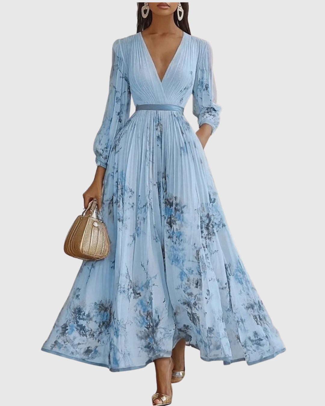 Scarlett – Abstract Print V Neck Pleated Midi Dress