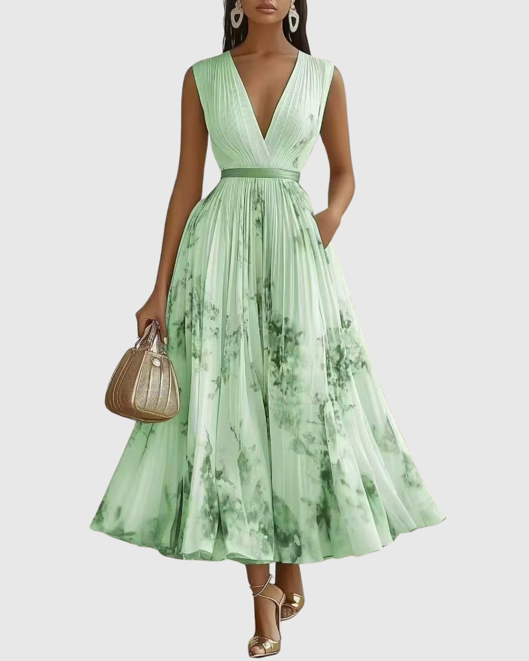 Scarlett – Abstract Print V Neck Pleated Midi Dress