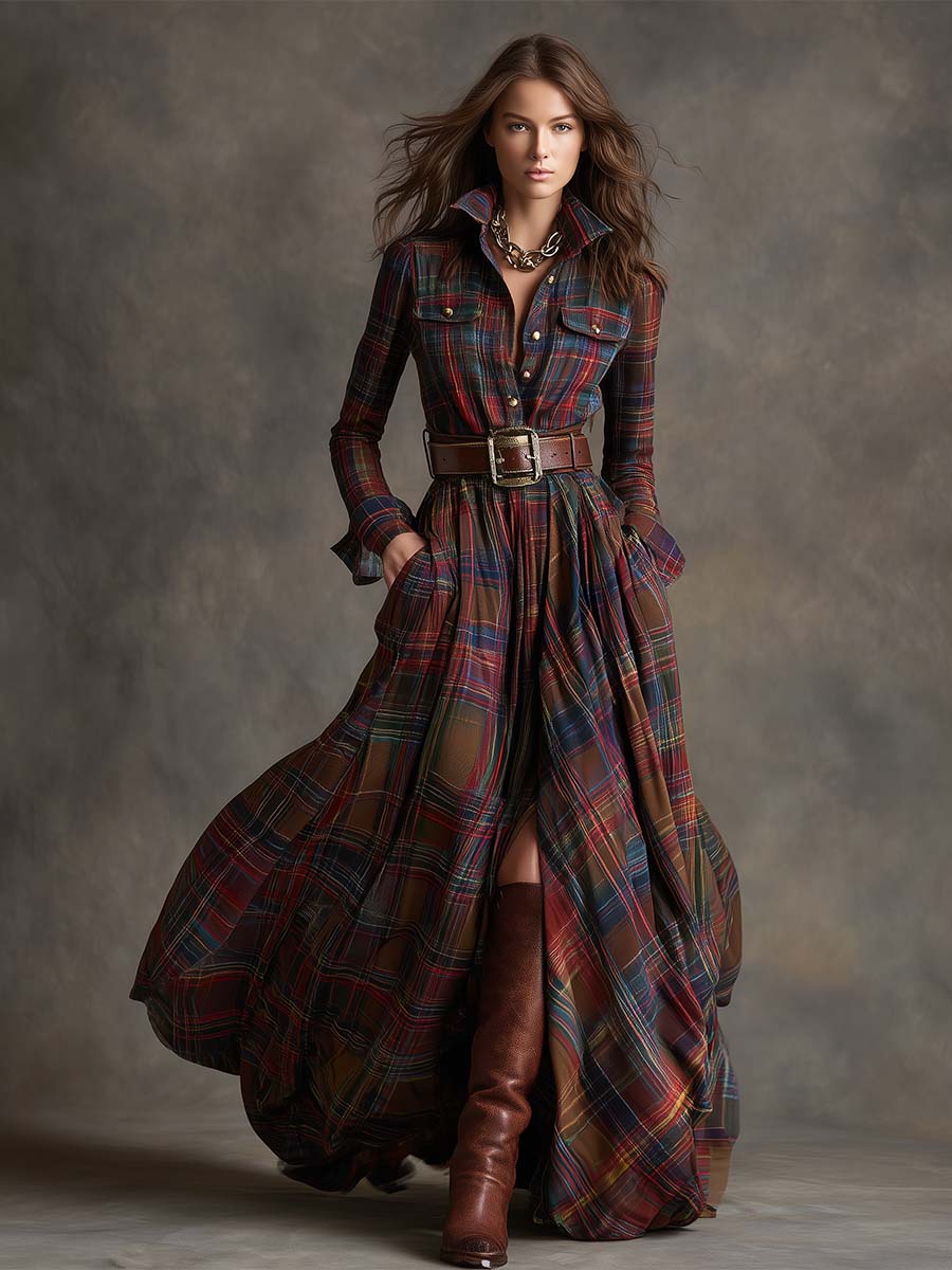 Hazel – Plaid Long Sleeve Maxi Shirt Dress