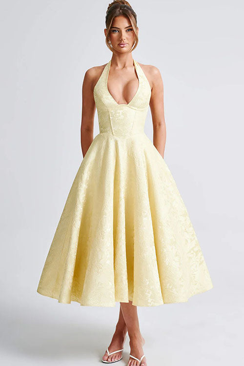 Philippa – Jacquard Halter Wedding Guest Midi Dress