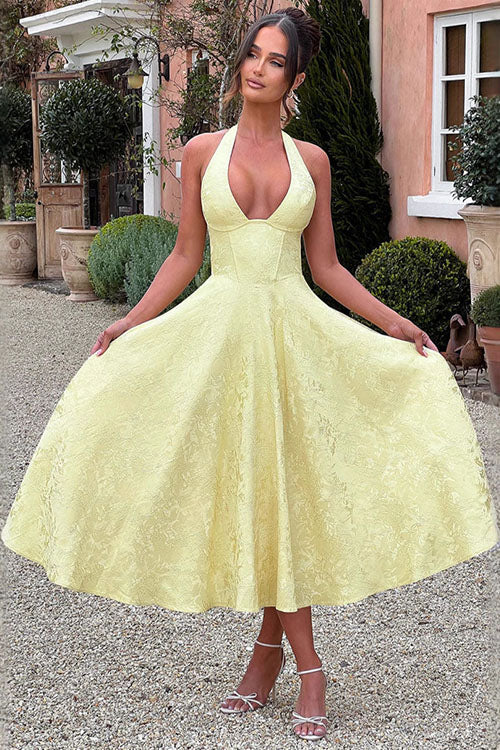 Talia – Jacquard Halter Wedding Guest Midi Dress
