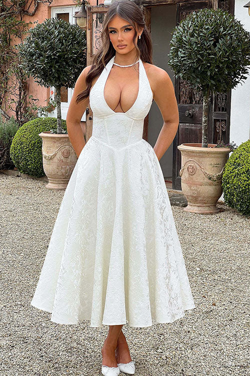 Philippa – Jacquard Halter Wedding Guest Midi Dress