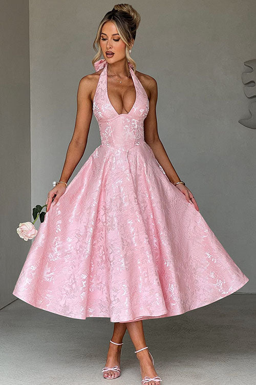 Talia – Jacquard Halter Wedding Guest Midi Dress