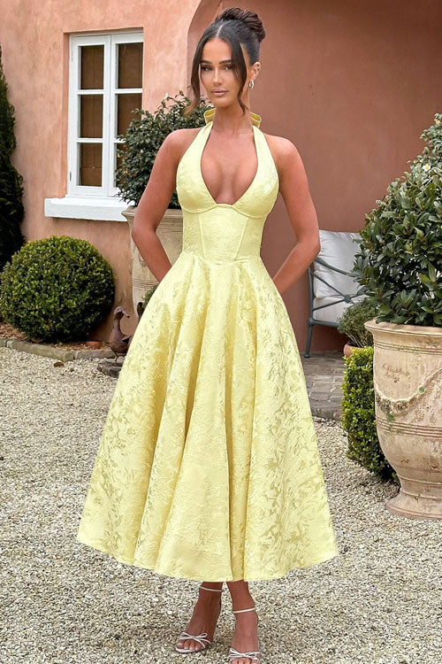 Philippa – Jacquard Halter Wedding Guest Midi Dress