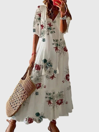 Chloe – Boho Print V Neck Ruffle Sleeve Midi Dress