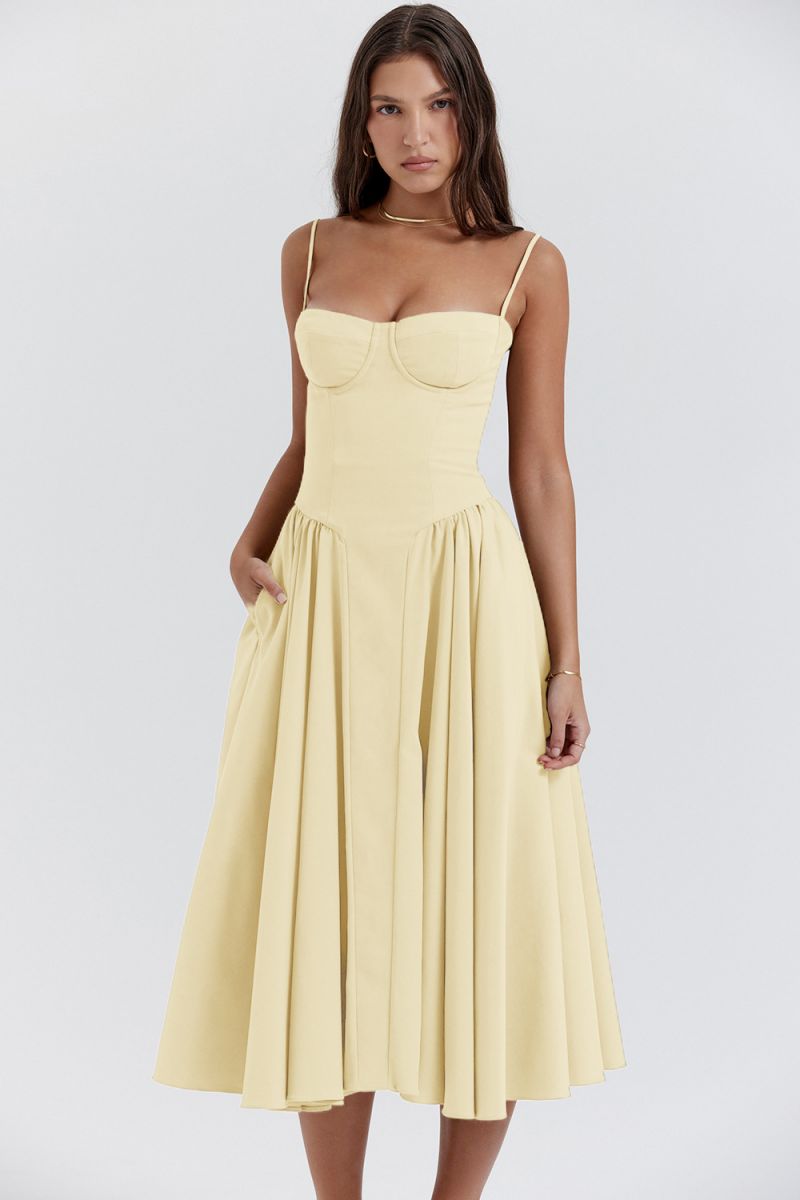 Bianca – Square Neck Pleated Wedding Guest Midi Dress