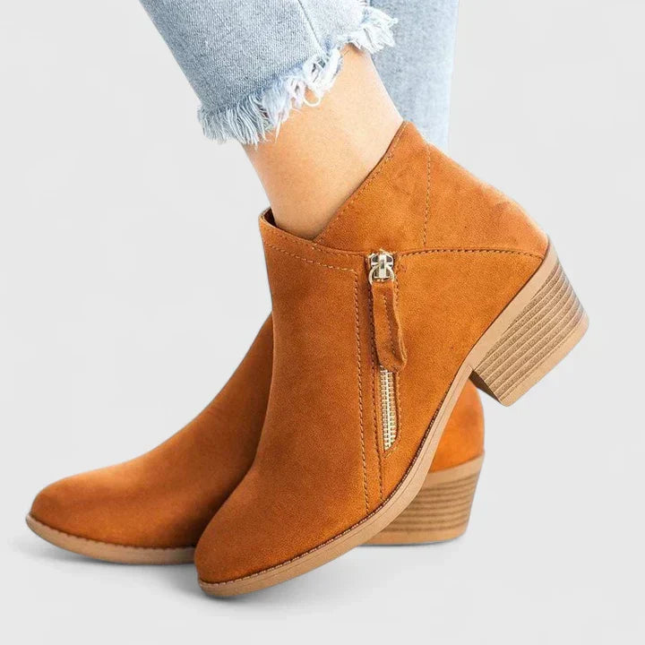 Sophie – Suede Block Heel Side Zip Ankle Boots