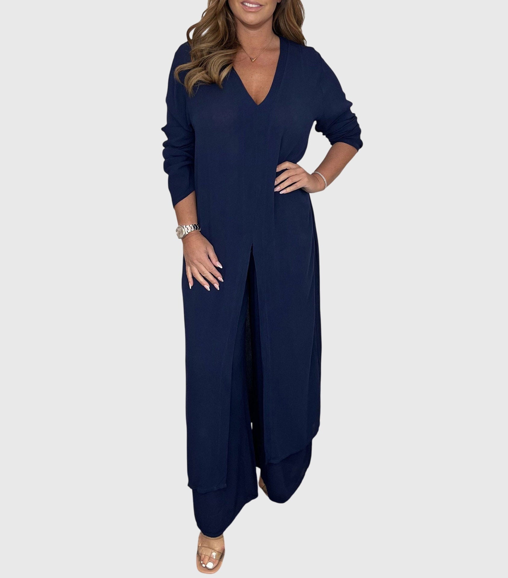 Nadia – Longline Button Up Shirt and Straight Leg Pants Set