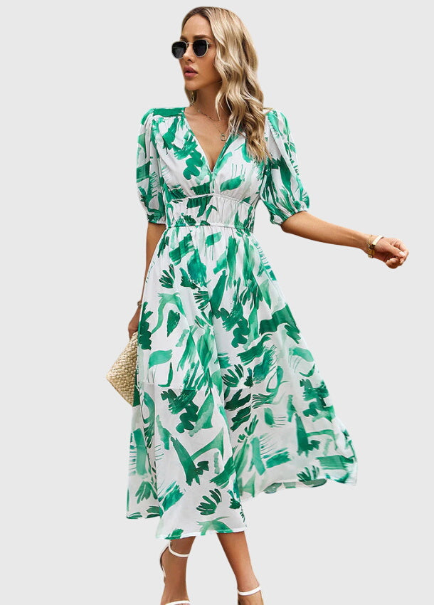 Chloe – Floral Print Puff Sleeve Wrap Midi Dress