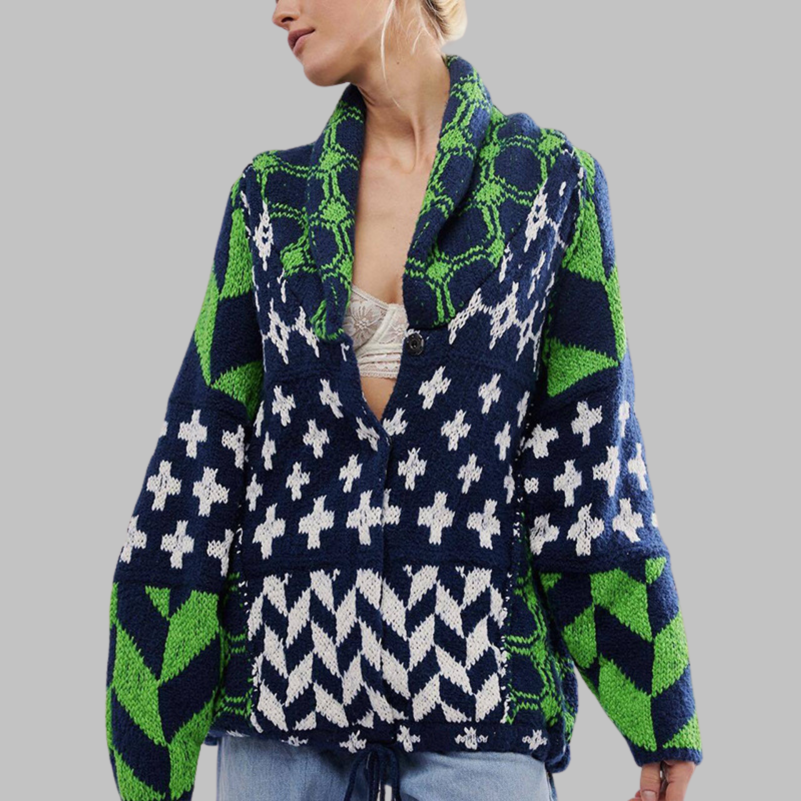 Iris – Geometric Print Open Front Knit Cardigan