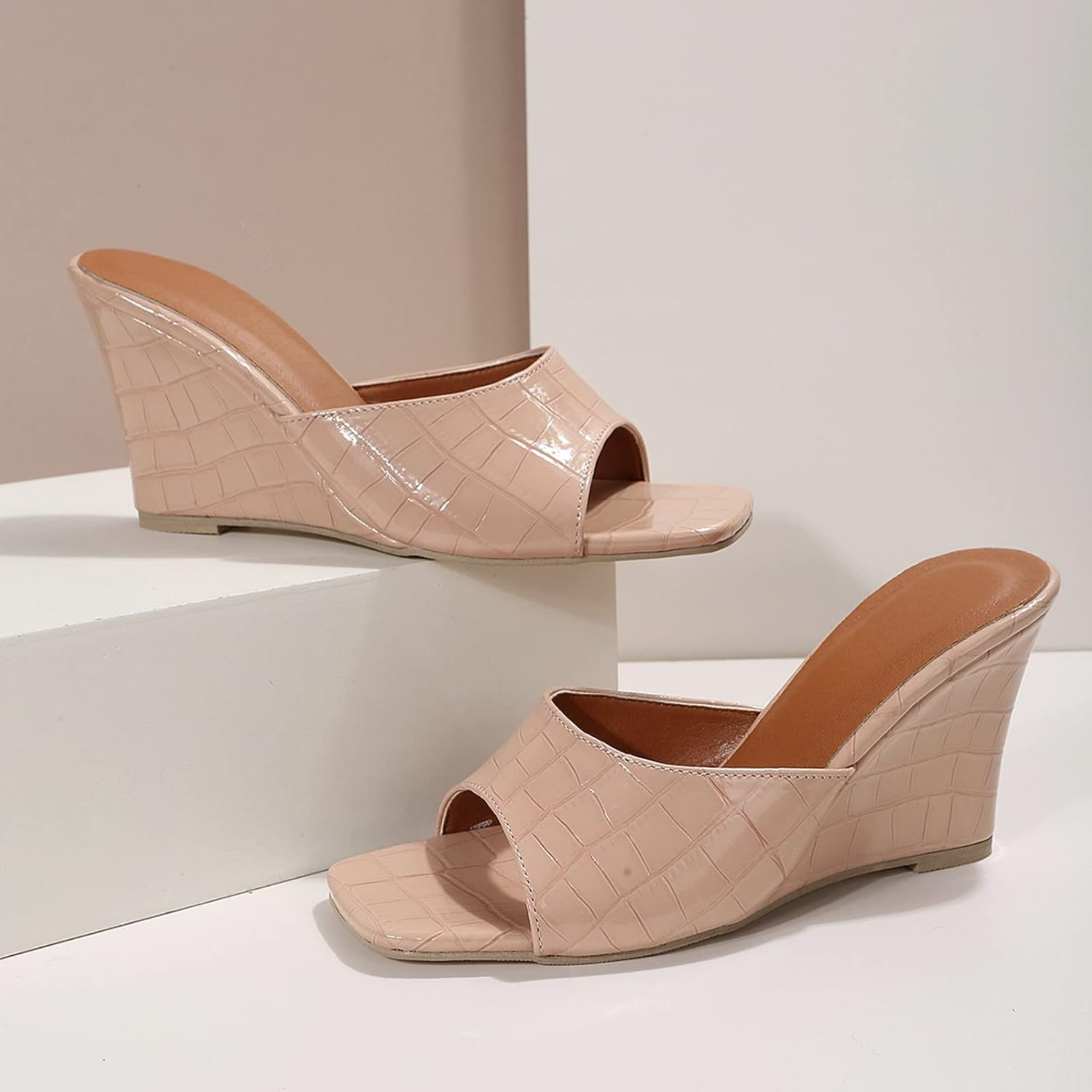 Camila – Croc Embossed Peep Toe Wedge Mules