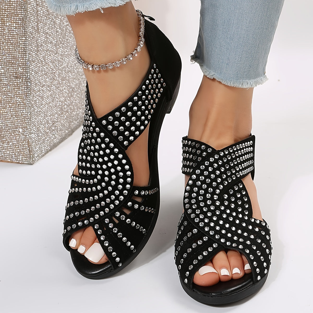 Bailey – Studded Crisscross Block Heel Sandals