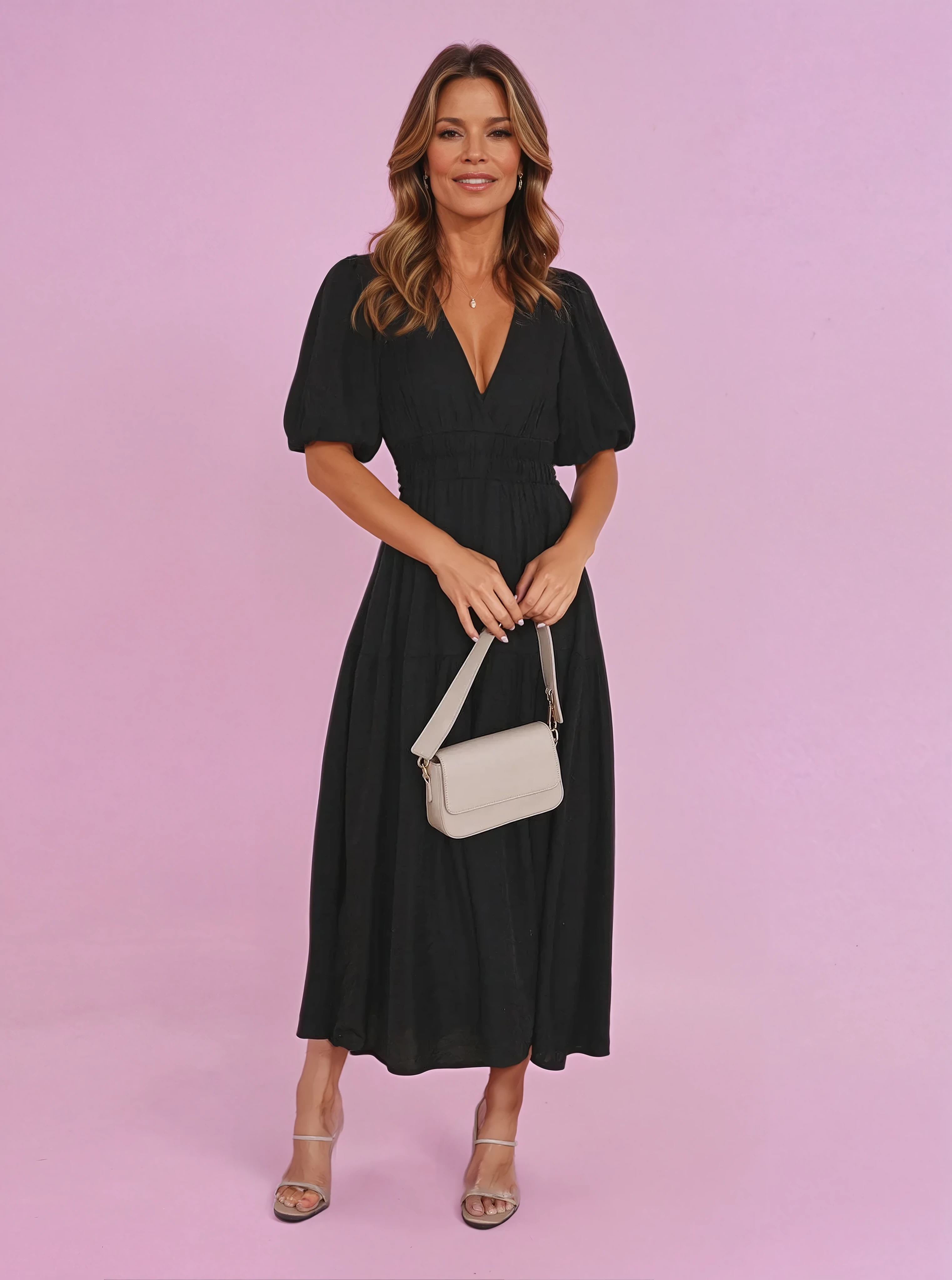 Zoe – V Neck Puff Sleeve Smocked Waist Midi Dress