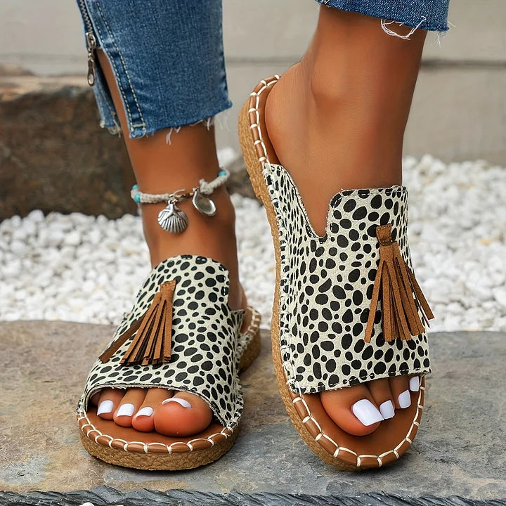 Grace – Boho Embroidered Tassel Slide Sandals
