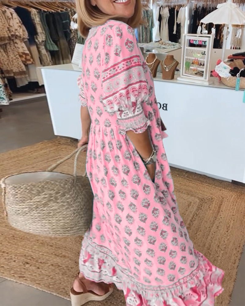 Catherine – Floral Print Tiered Maxi Shirt Dress