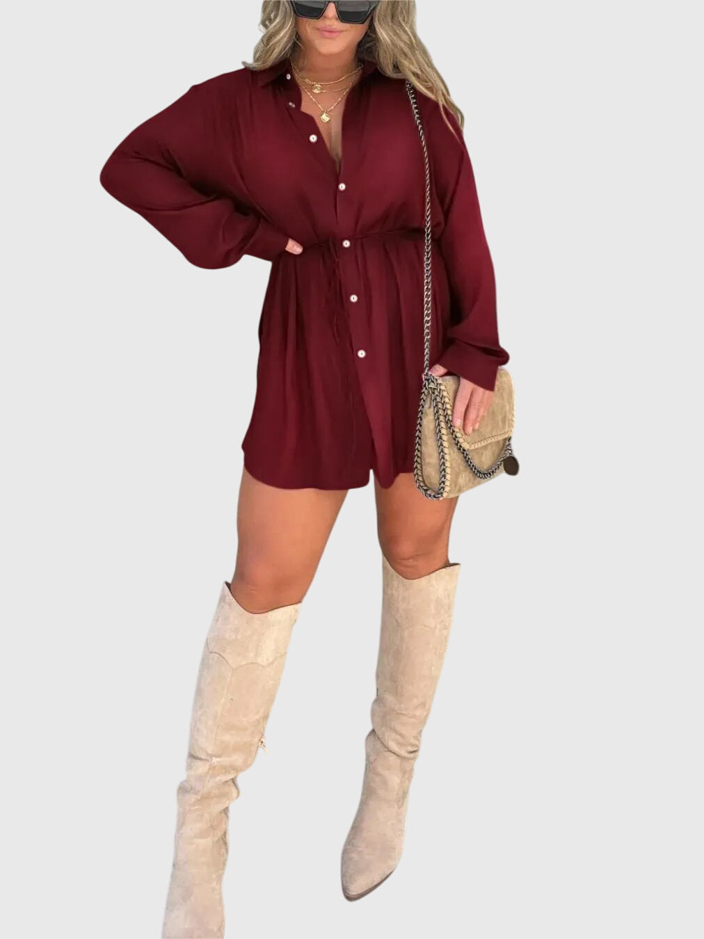 Savannah – Cinched Waist Long Sleeve Mini Shirt Dress