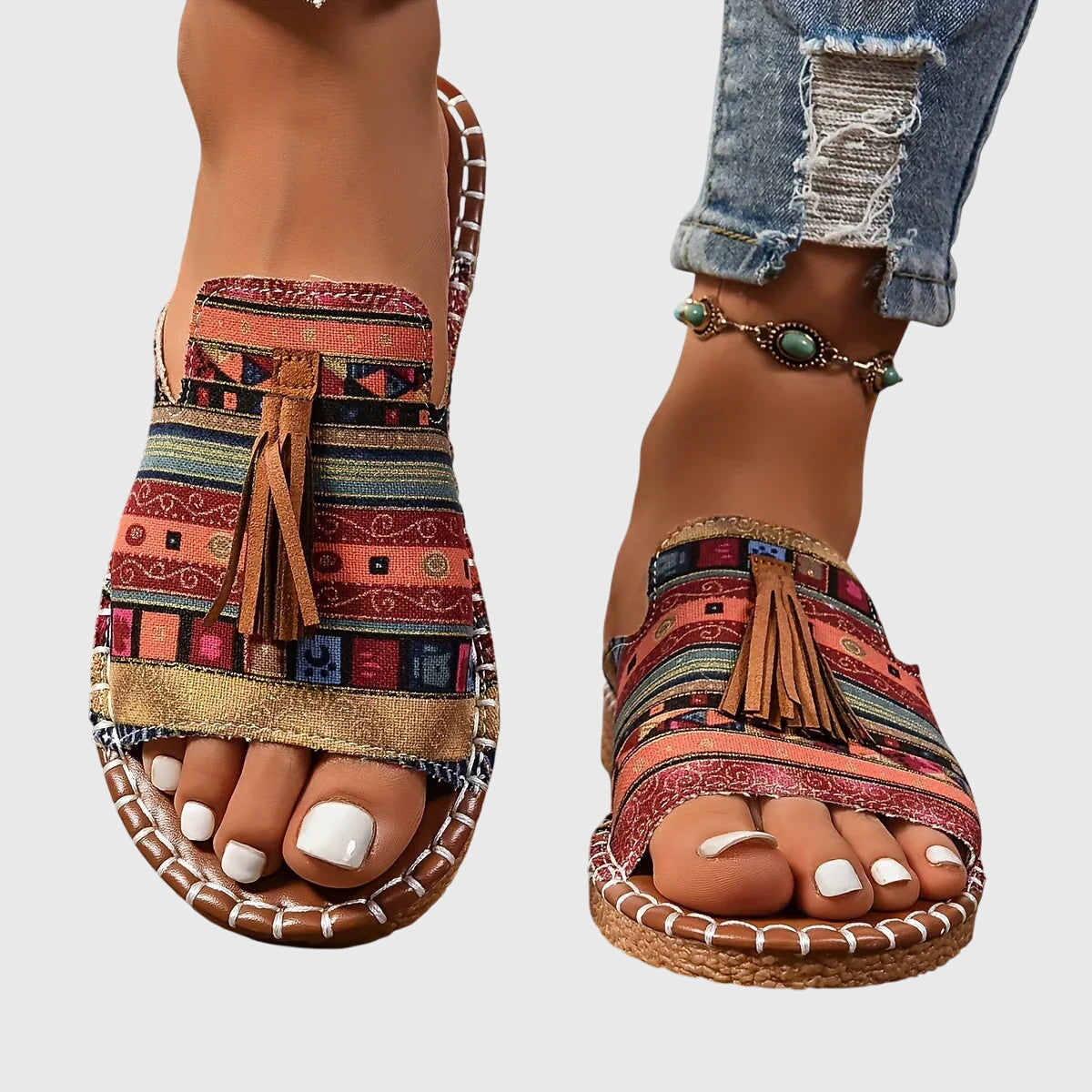 Adelaide – Boho Print Beaded Slide Sandals