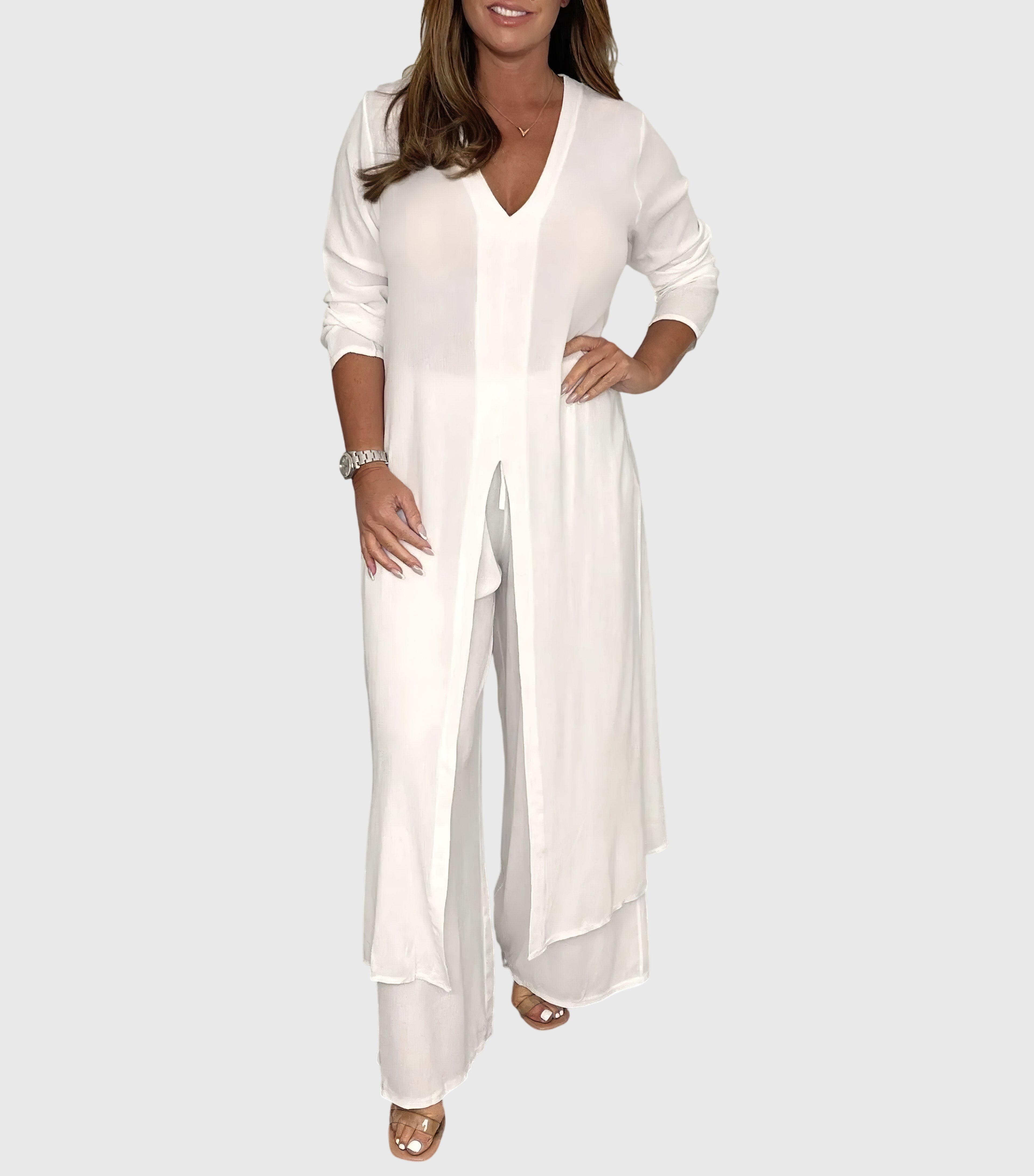 Nadia – Longline Button Up Shirt and Straight Leg Pants Set
