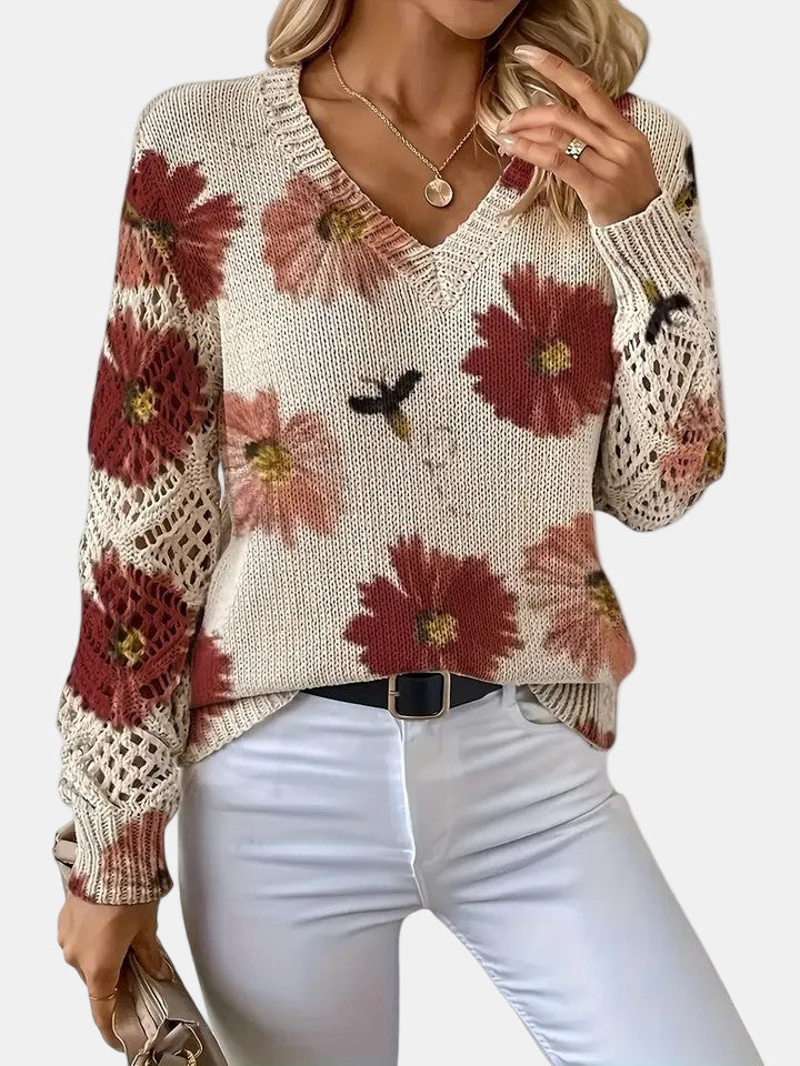 Willow – Floral Print V Neck Knit Sweater