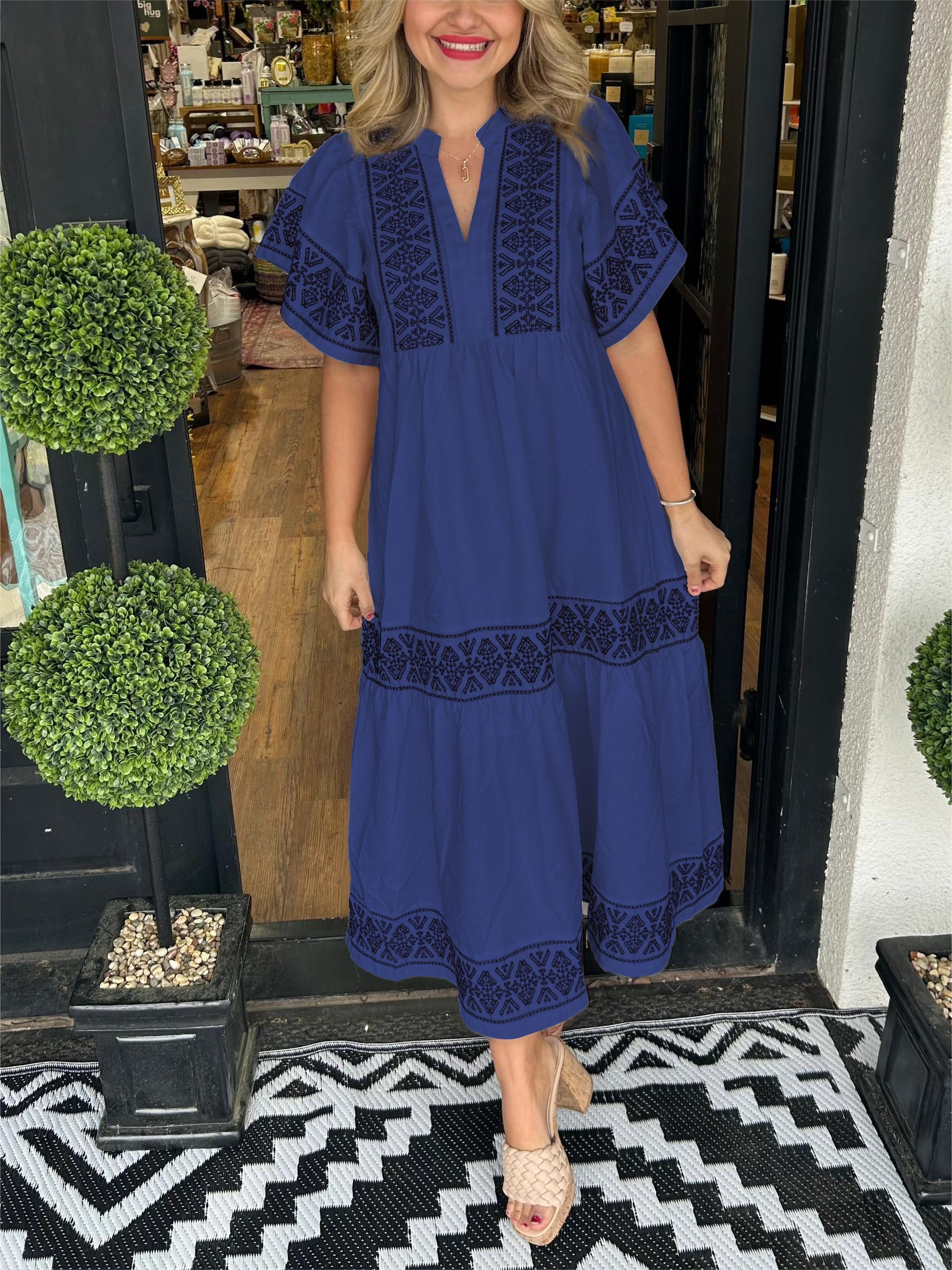 Maria – Boho Lace Trim V Neck Midi Dress