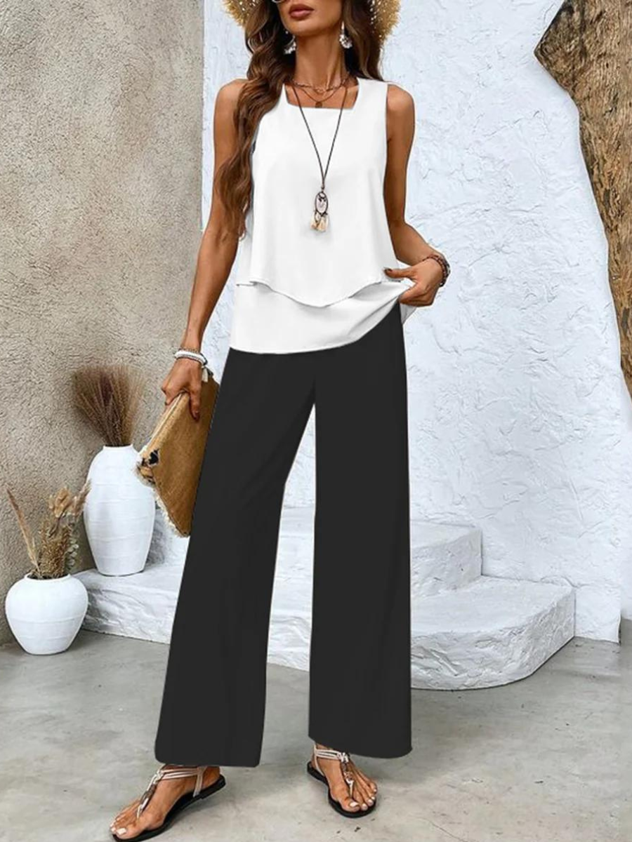 Lia – Layered Tank Top and Leaf Print Wide Leg Pants Set