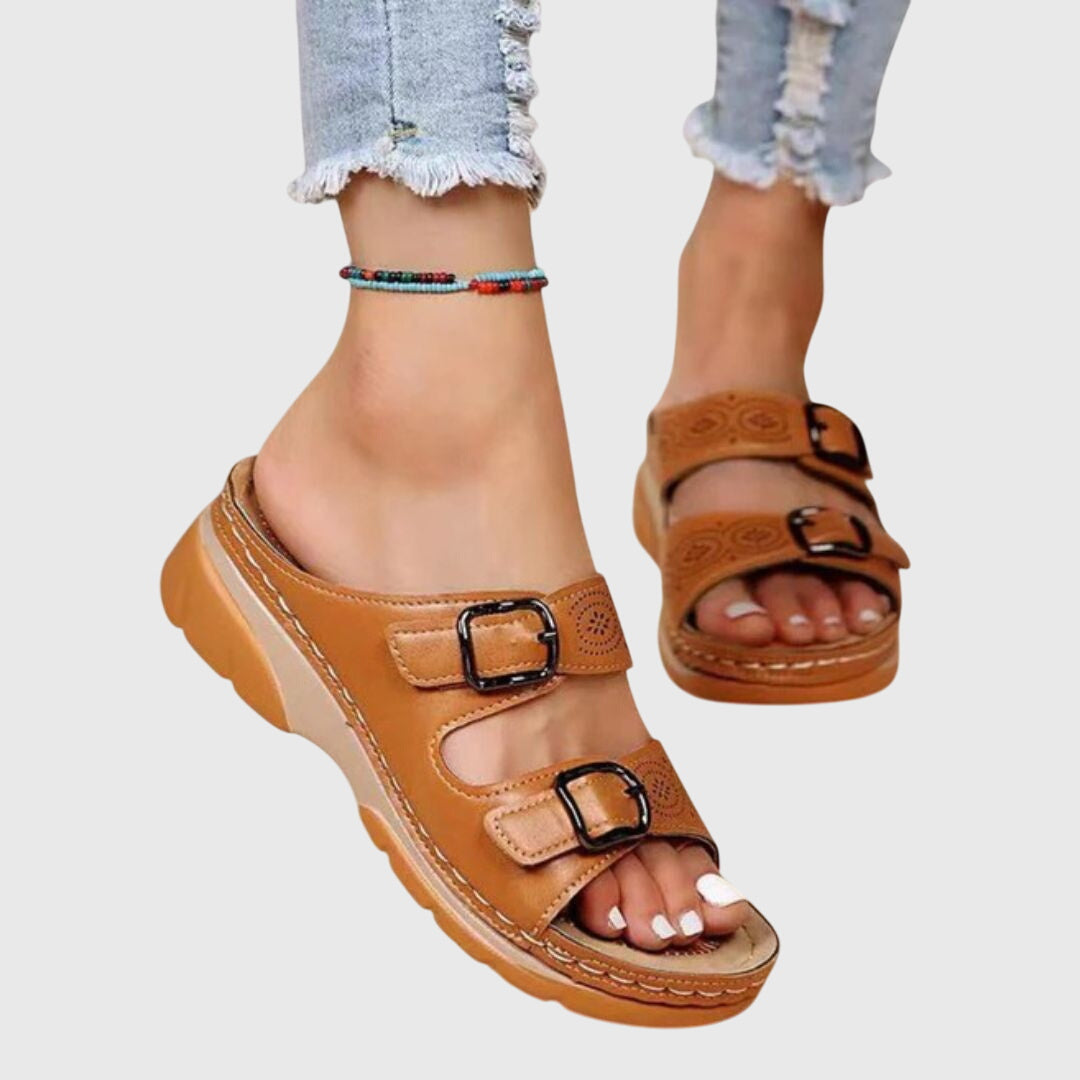 Jasmine – Double Strap Low Wedge Slide Sandals