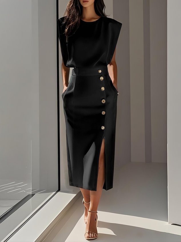 Sophie – Round Neck Bodycon Side Slit Midi Dress