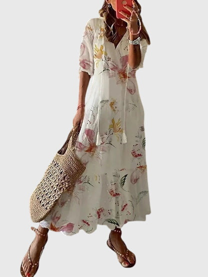 Chloe – Boho Print V Neck Ruffle Sleeve Midi Dress