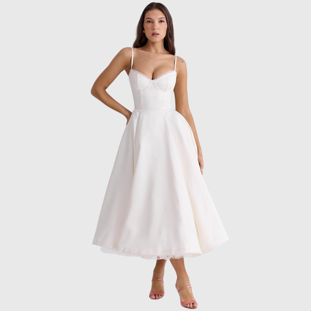 Luna – Satin Strapless Cocktail Midi Dress
