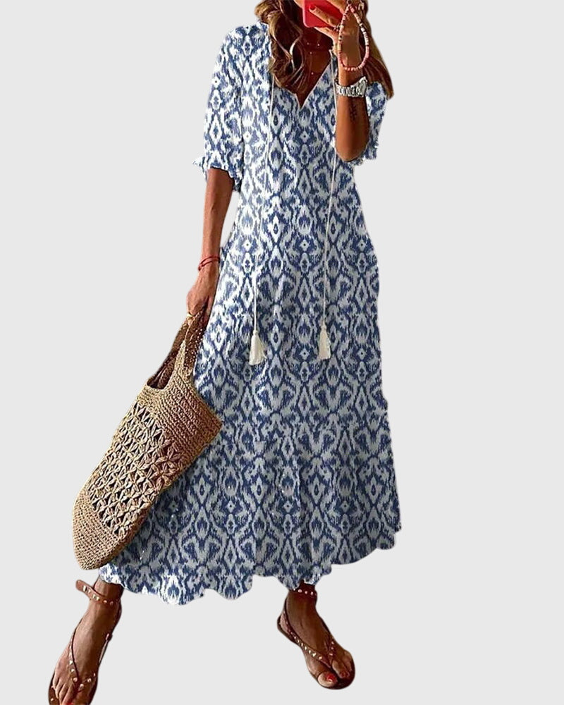 Chloe – Boho Print V Neck Ruffle Sleeve Midi Dress