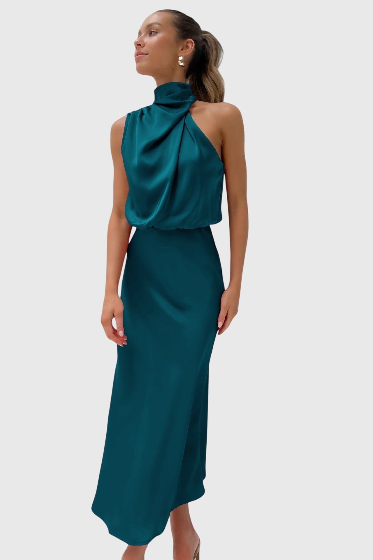 Abigail – Satin Halter Neck Cocktail Midi Dress