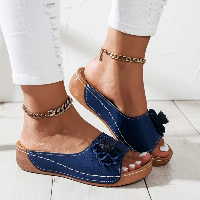 Sara – Floral Wedge Slide Sandals