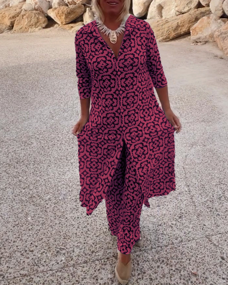 Brooke – Printed Longline Shirt and Straight Leg Pants Set