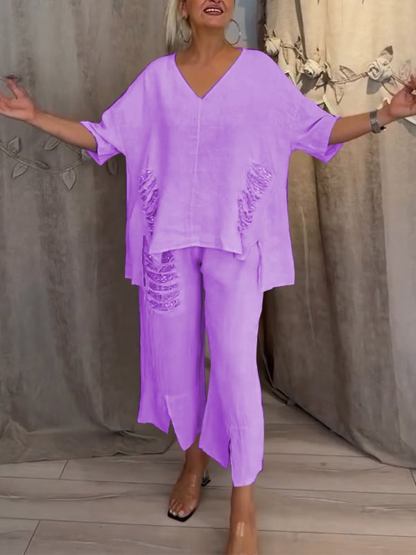 Emilia – Oversized V Neck Top and Wide Leg Pants Set